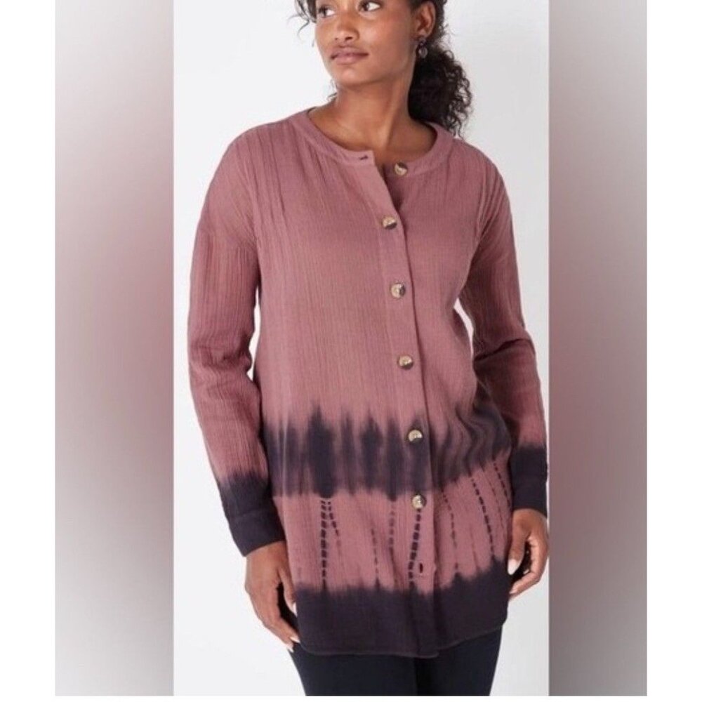 Pure Jill Womens Medium Petite Cotton Gauzy Button Up Tunic Top‎ Ombre Shirt